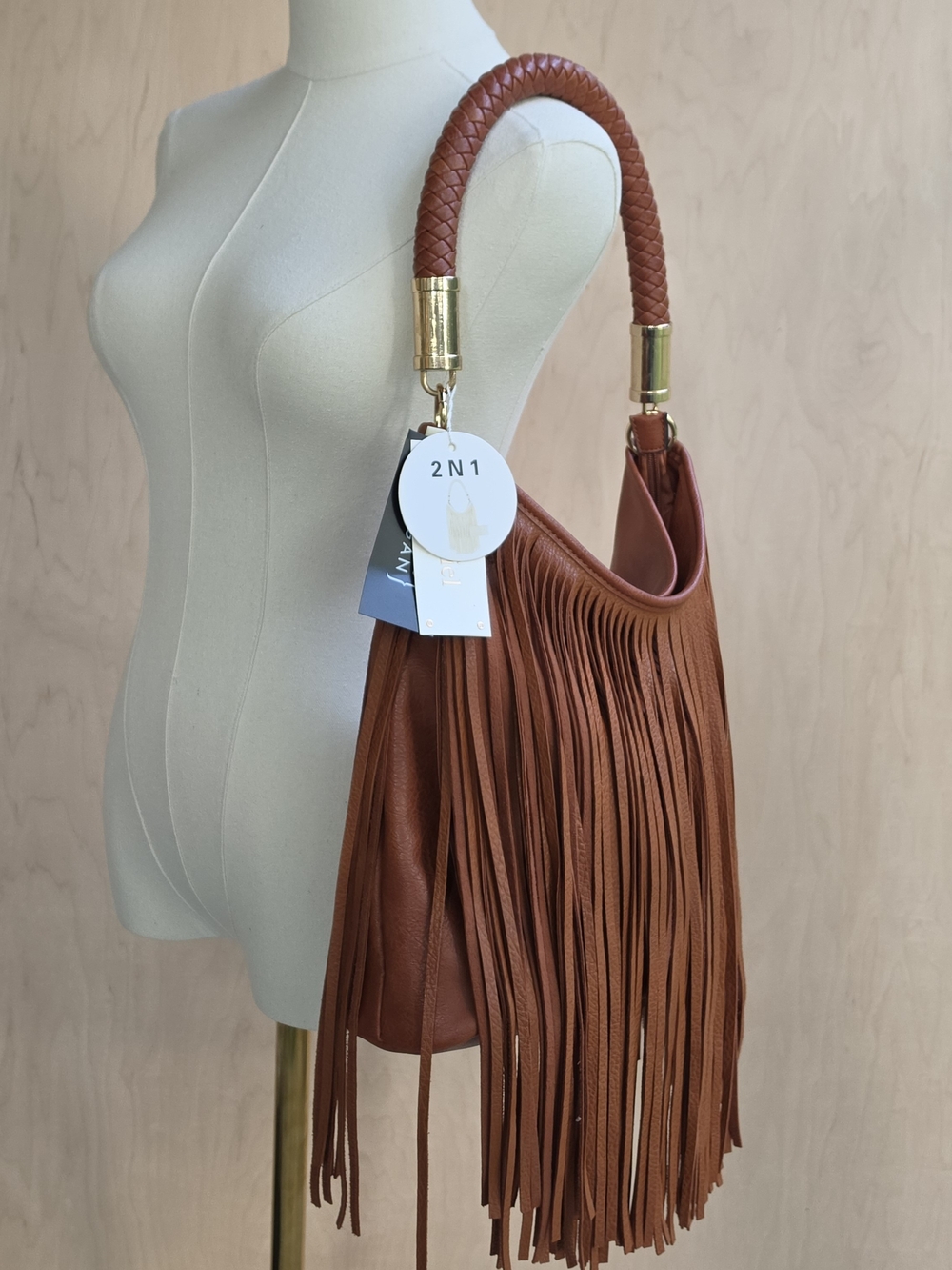 Fringed Shoulder Hobo Bag in Cognac Brown 2N1